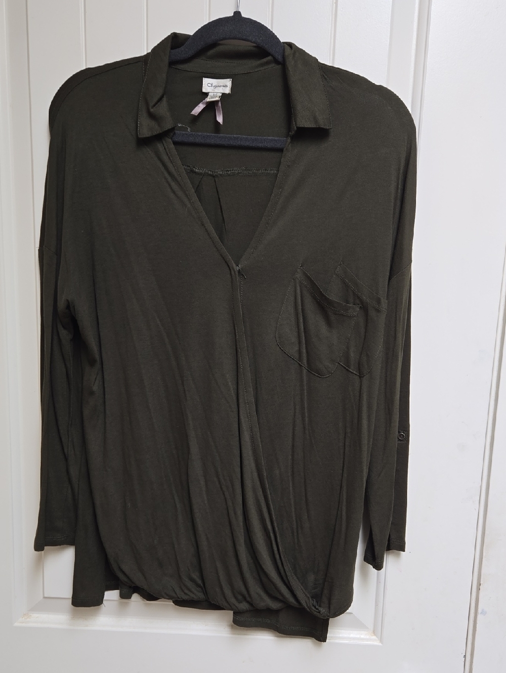 Dynamite Women's Dark Olive Green Draped V-Neck Tunic Top Shirt Blouse Large
